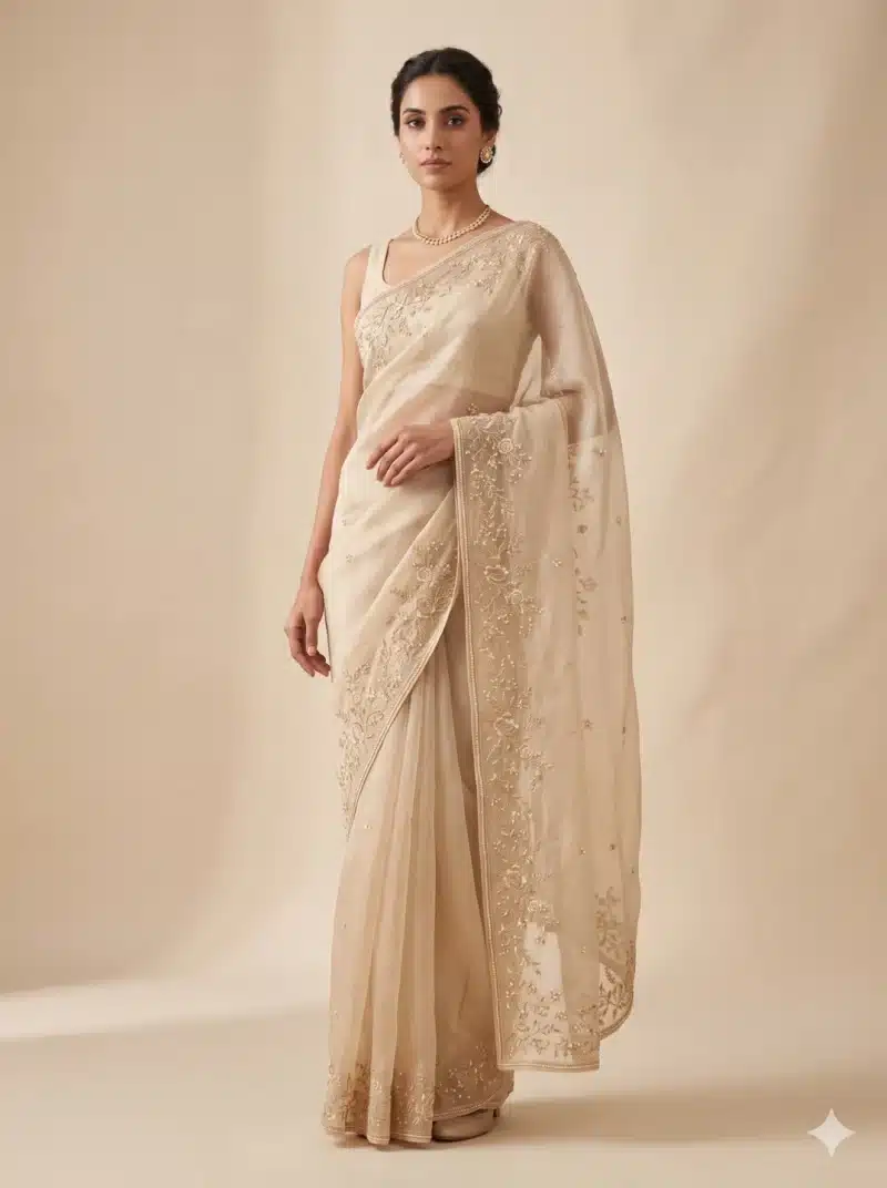 Champagne Organza Designer Saree