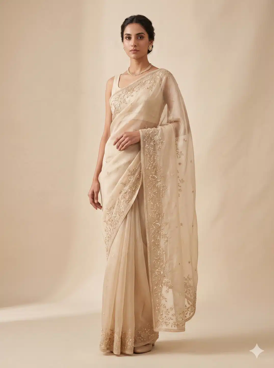 Champagne Organza Designer Saree