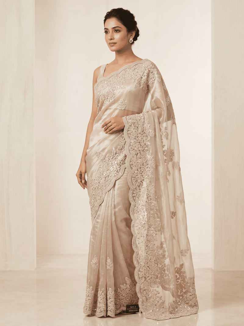 Champagne Beige Handcrafted Organza Silk Indian Saree – Luxury Bridal & Party Wear Saree in Pakistan