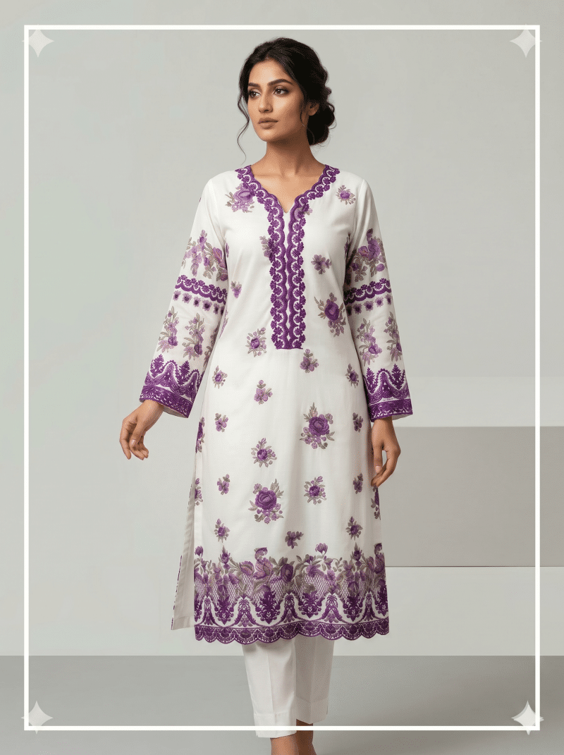 Summer Luxe | Intricate Purple & White Embroidered Lawn Cotton Suit
